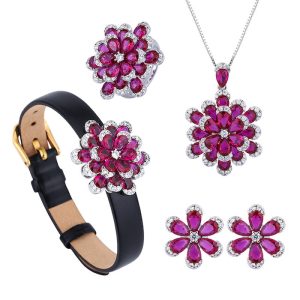 4pcs Brass CZ Ruby Stone Flowers Jewelry Set