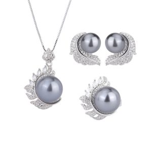 Brass CZ Pearls Feather Leaf Necklace Earrings Ring Set