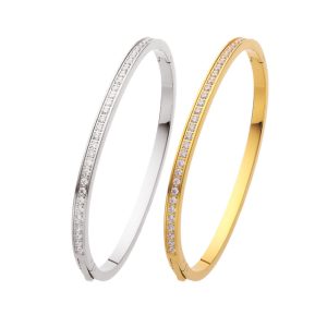 Stainless Steel Click Button Diamonds Hinged Bracelet