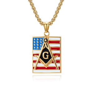 Stainless Steel Masonic Symbol U.S Flag Pendant Necklace