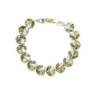Brass Jewelry Olive Green CZ Leaves Bracelet
