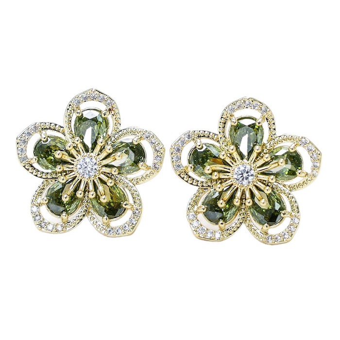 Brass Jewelry Olive Green CZ Flower Stud Earrings