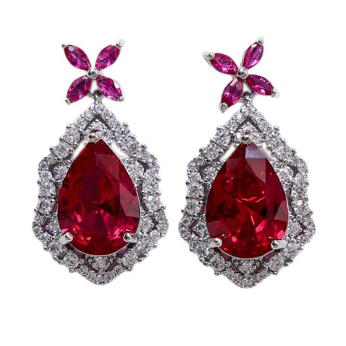 Brass Jewelry Teardrop CZ Ruby Flower Stud Earrings