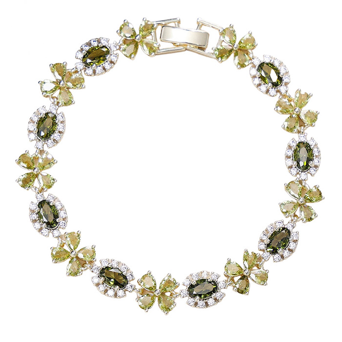 Brass Green CZ Oval Leaves Flowers Bracelet
