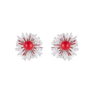 Brass Jewelry Red Agate CZ Flower Stud Earrings