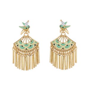 Brass Jewelry Enamel Leaf Folded Fan Stud Earrings