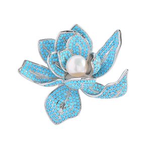 Brass Jewelry 44mm Blue CZ Lotus Flower Brooch