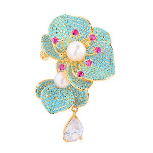Brass Jewelry Light Blue CZ Pearla Flower Brooch