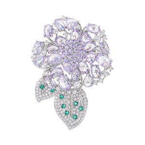 Brass Jewelry Hollow Purple CZ Leaf Flower Brooch