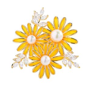 Brass Jewelry CZ Enamels Daisy Flowers Brooch