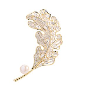 Brass Jewelry Hollow CZ Pearls Feather Brooch