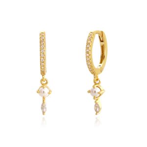925 Silver CZ Pearls Hanging Hoop Earrings