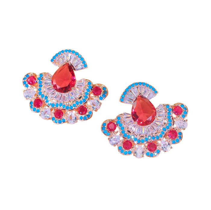 Brass Jewelry Red Teardrop Stones Fan Flower Stud Earrings