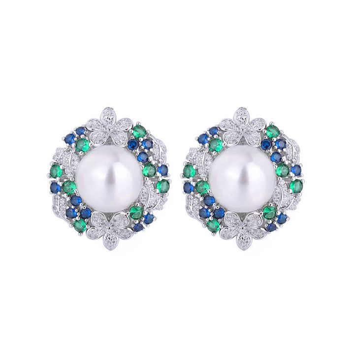 Brass Jewelry Blue Green CZ Pearl Flowers Stud Earrings