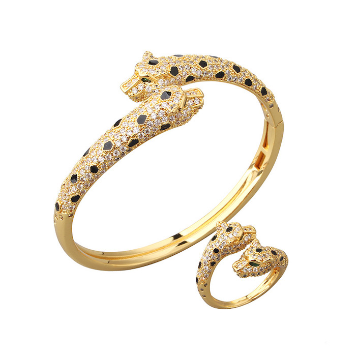 Brass Heavy Diamonds Leopard Bangle Ring Set