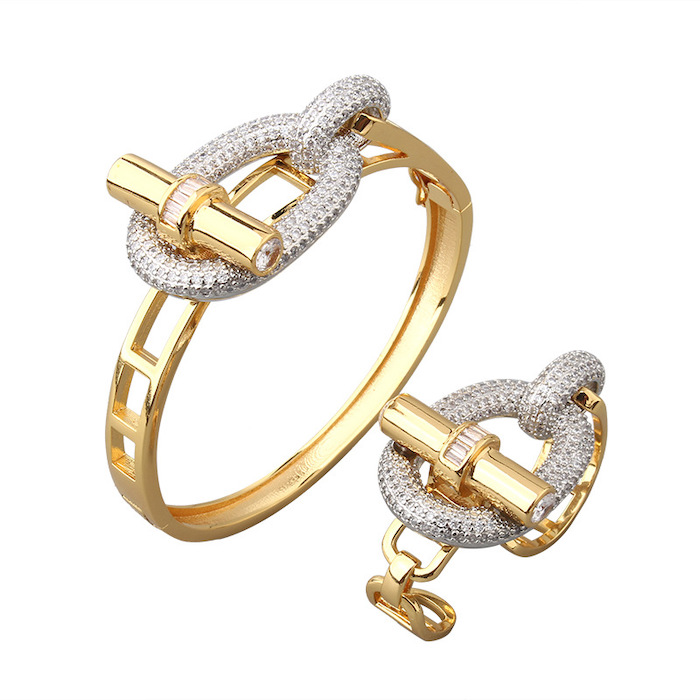 Brass Heavy CZ Oval Links Knot Bangle Ring Set