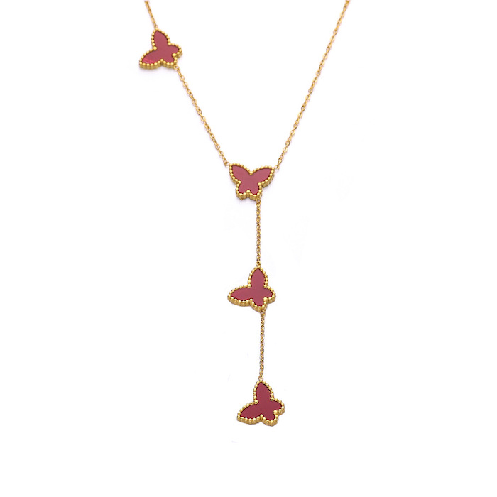 Stainless Steel Colored Shells Agate Butterfly Necklace
