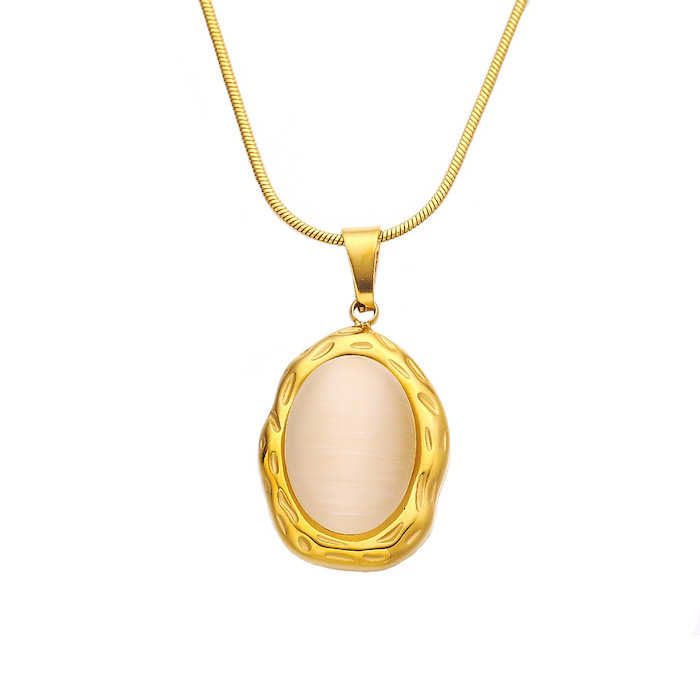Stainless Steel Oval Cat Eye Stone Pendant Necklace
