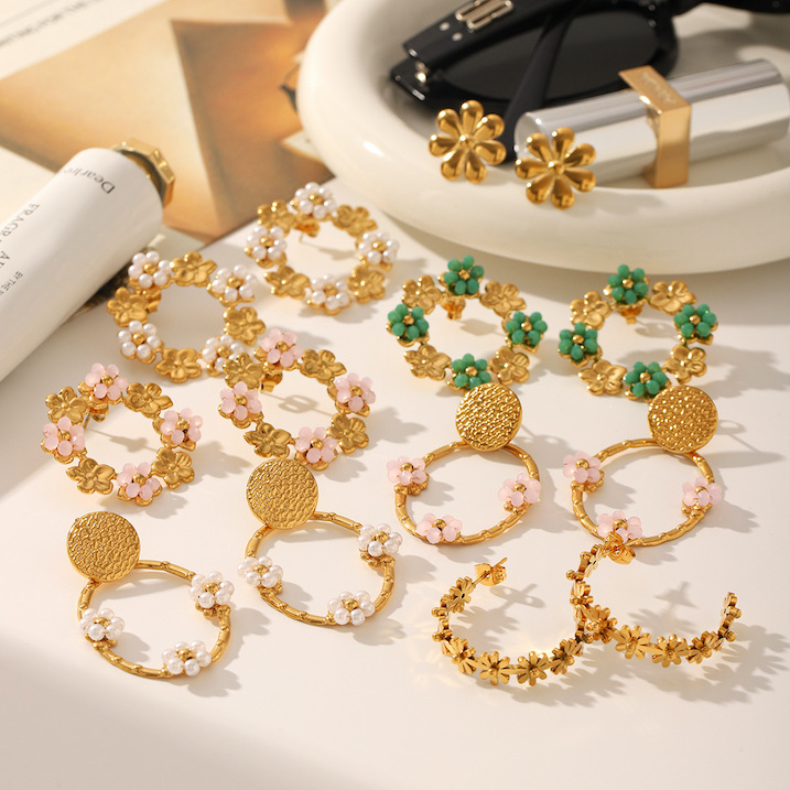 Stainless Steel CZ Gemstone Flowers Circle Stud Earrings - Image 7