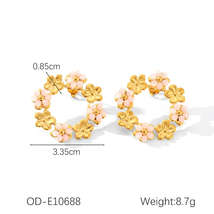 Stainless Steel CZ Gemstone Flowers Circle Stud Earrings - Image 3