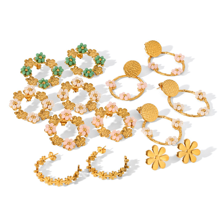 Stainless Steel CZ Gemstone Flowers Circle Stud Earrings