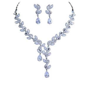 Bridal Jewelry Teardrop Diamond Leaves Necklace Earrings Set