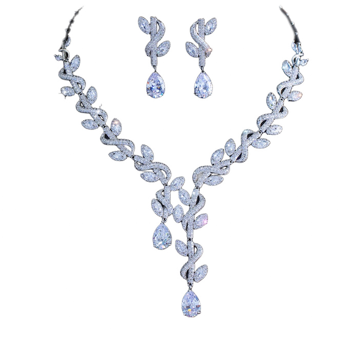 Bridal Jewelry Teardrop Diamond Leaves Necklace Earrings Set