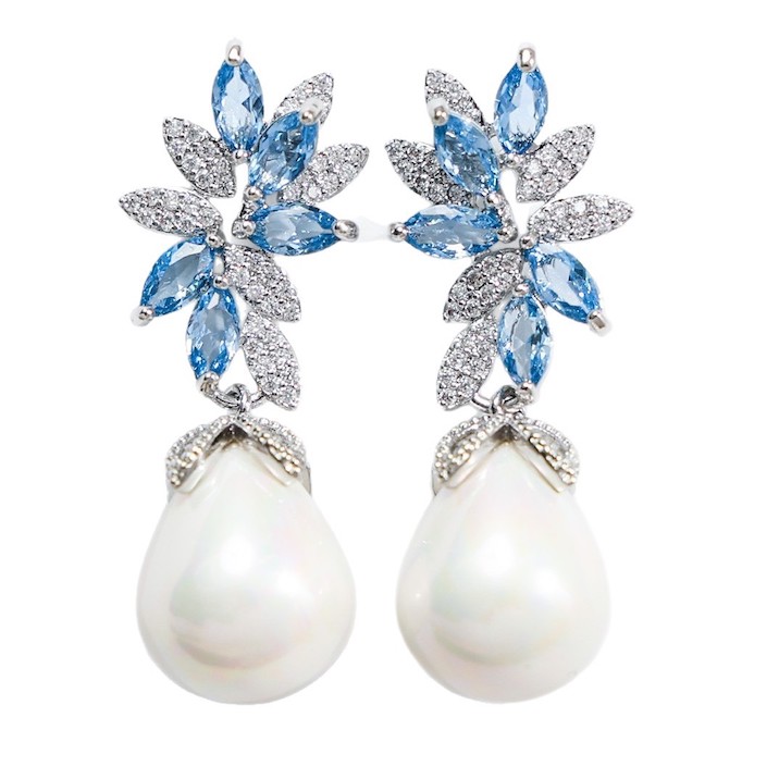 Brass Jewelry 37mm Pearl CZ Leaves Stud Earrings