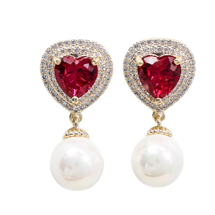 Brass Red Heart CZ Pearl Stud Earrings
