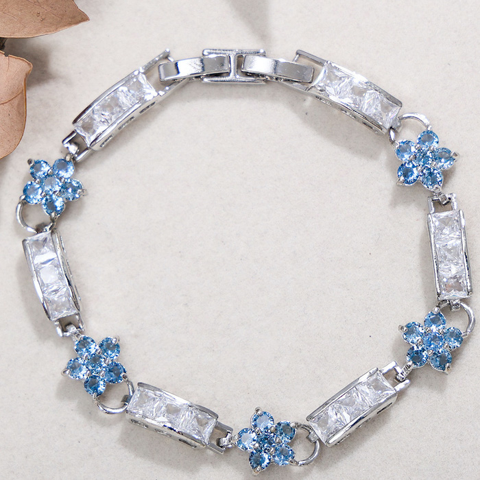 Brass Jewelry White Blue Stone Flowers Bracelet - Image 2