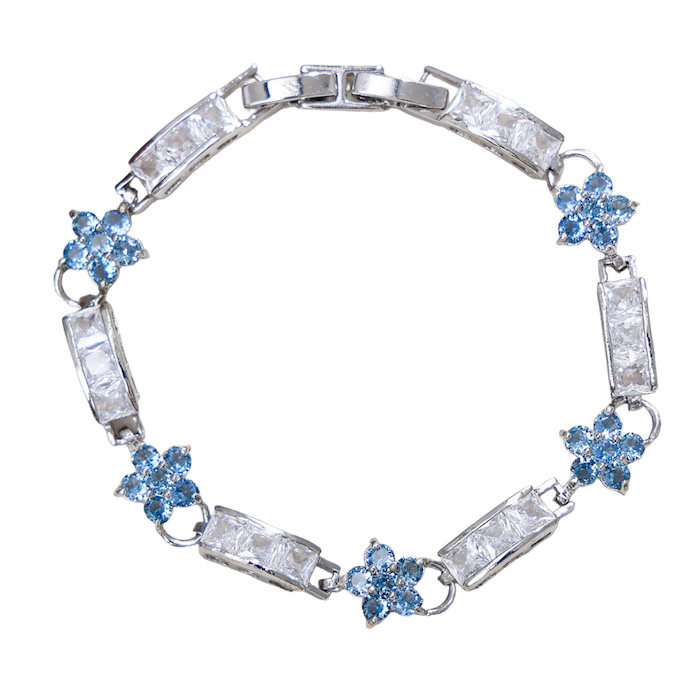 Brass Jewelry White Blue Stone Flowers Bracelet