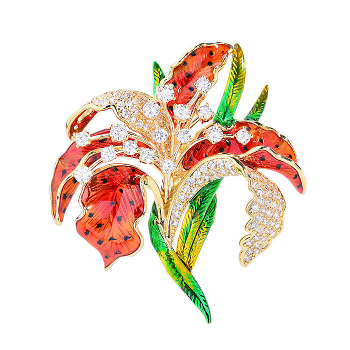 Brass Jewelry 60mm Diamonds Red Enamel Flower Brooch