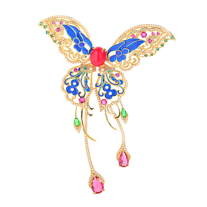 Brass Jewelry Blue Pink Diamonds Enamel Butterfly Brooch