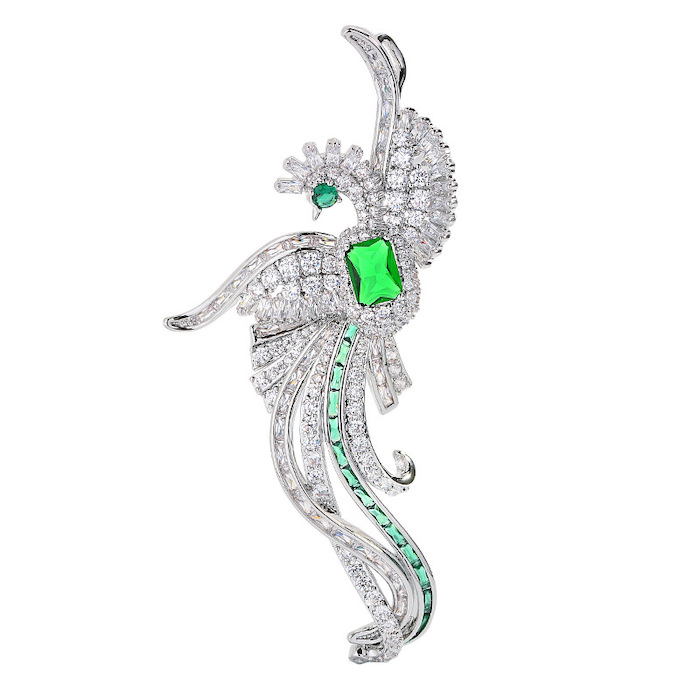 Brass Jewelry 80mm CZ Emerald Peacock Brooch
