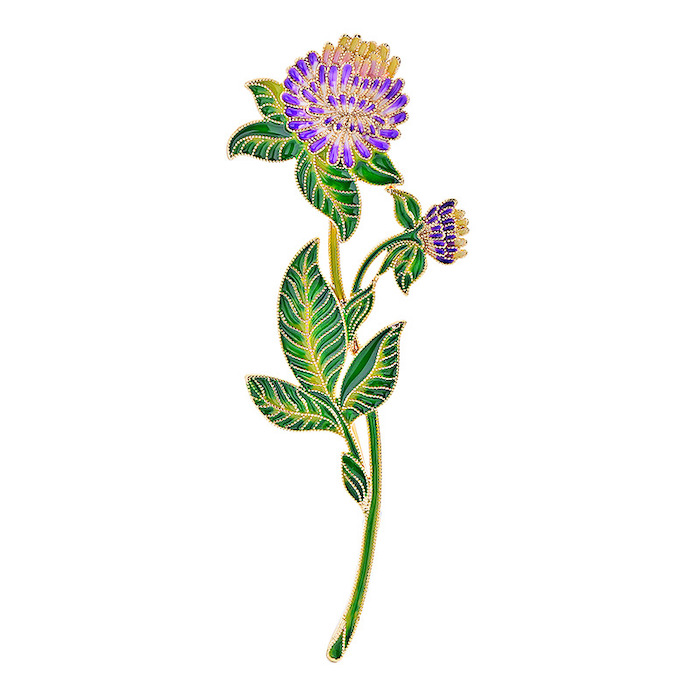 Brass Jewelry Green Purple Enamel Leaf Flower Brooch