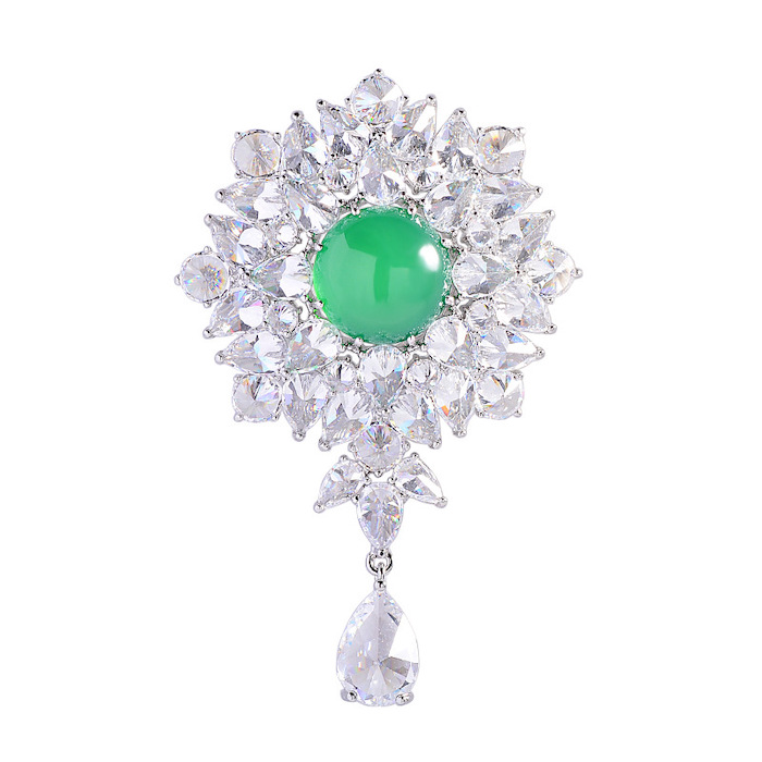 Brass Jewelry 55mm Teardrop CZ Emerald Flower Brooch