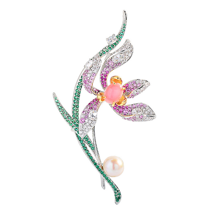 Brass Jewelry 76mm Pink CZ Quartz Grass Flower Brooch