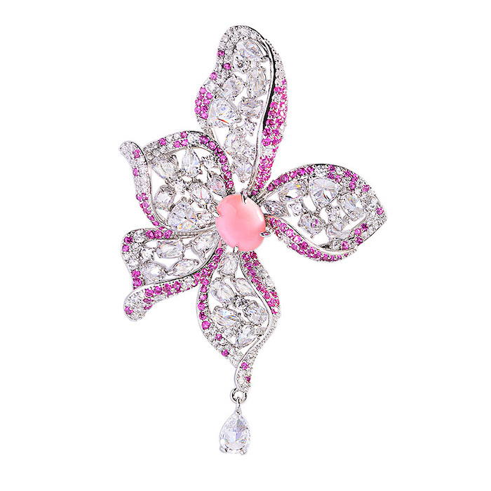 Brass Jewelry 71mm Pink CZ Quartz Flower Brooch