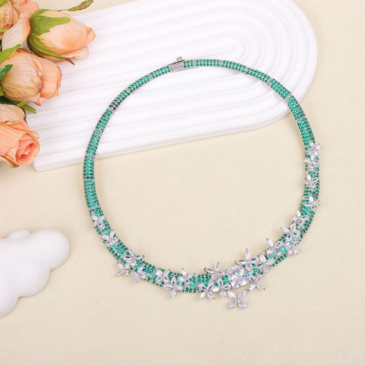 Brass Jewelry White Green CZ Flowers Choker Necklace - Image 4