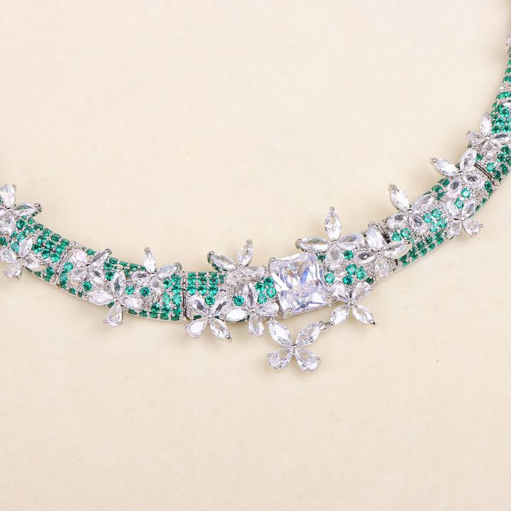 Brass Jewelry White Green CZ Flowers Choker Necklace - Image 3