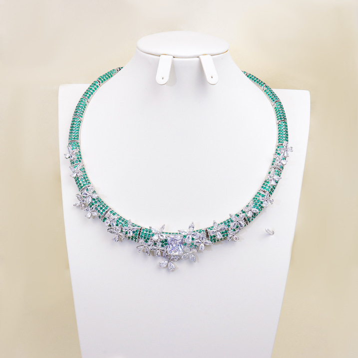 Brass Jewelry White Green CZ Flowers Choker Necklace - Image 2