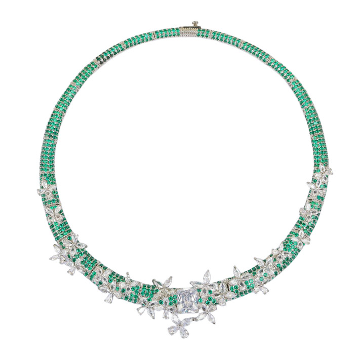 Brass Jewelry White Green CZ Flowers Choker Necklace