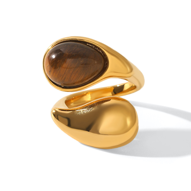 Stainless Steel Teardrop Oval Tiger-Eye Stone Ring