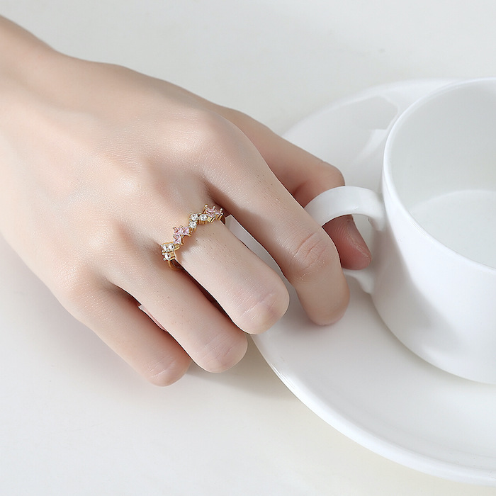 Brass Jewelry Triple White Pink Diamonds Ring - Image 4