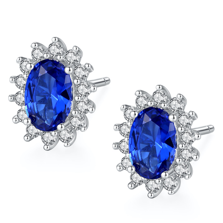 925 Silver Oval Blue Stone Flower Stud Earrings