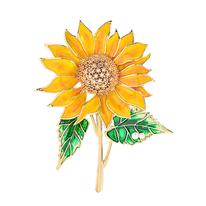 Brass Jewelry CZ Enamel Yellow Sunflower Brooch