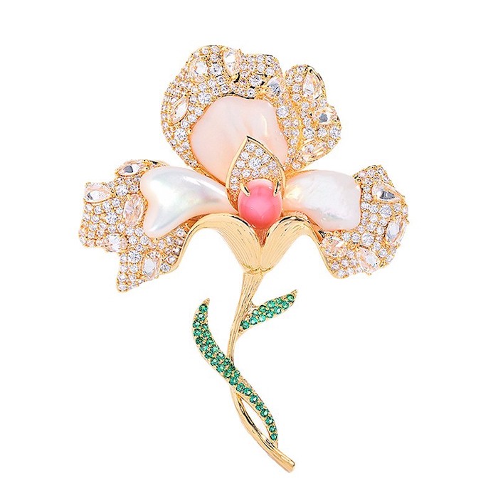 Brass Jewelry Colored Shells CZ Flower Brooch