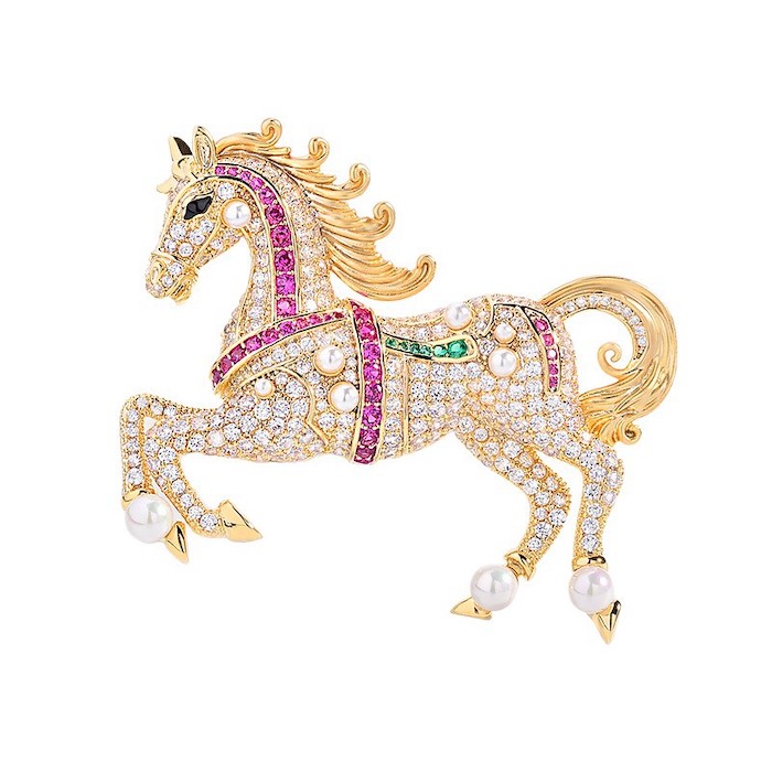Brass Jewelry CZ Pearls Horse Brooch