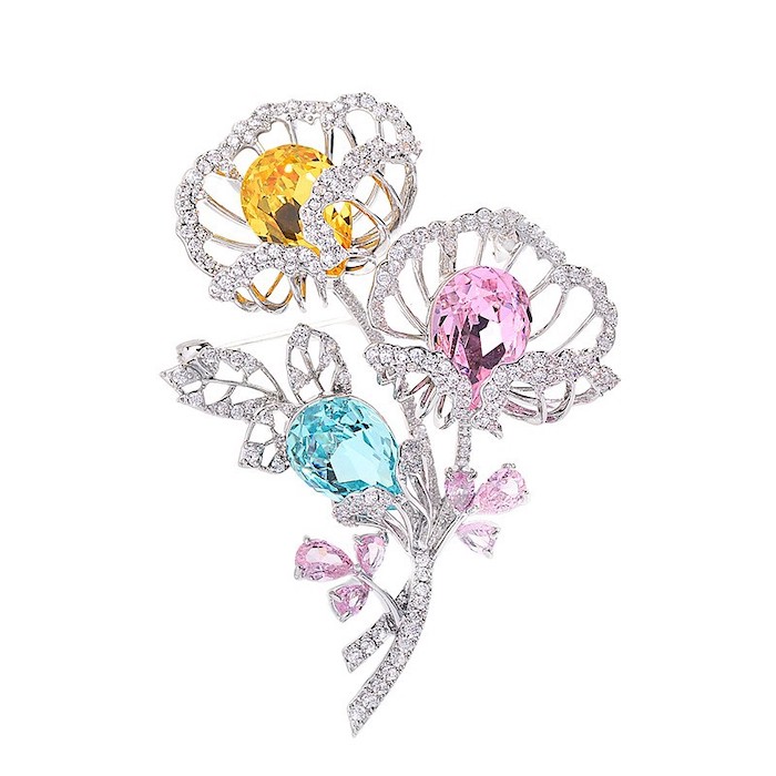 Brass Jewelry Colored Diamond Leaf Flowers Brooch