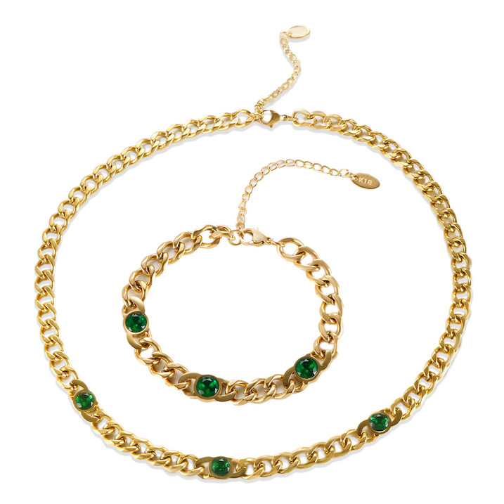 7mm Stainless Steel Emeralds Chain Necklace Bracelet Set